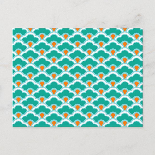 Deco Chinese Scallops, Coral Pink and Turquoise Postcard (Front)