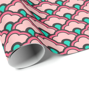 Deco Chinese Scallops, Coral Pink and Turquoise Wrapping Paper