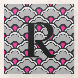 Deco Chinese Scallops, Grey / Grey, Black and Pink Glass Coaster