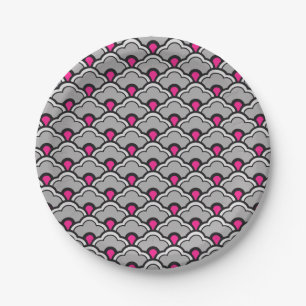 Deco Chinese Scallops, Grey / Grey, Black and Pink Paper Plate