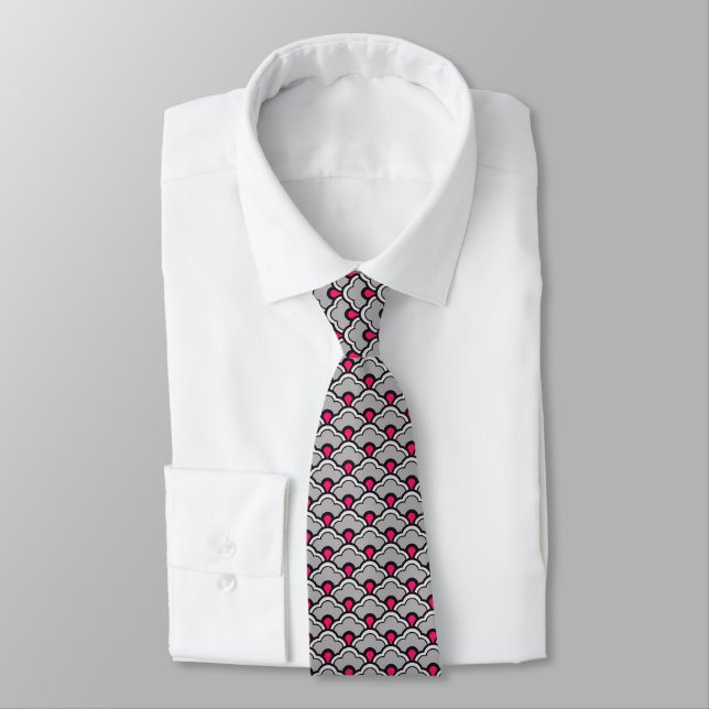 Deco Chinese Scallops, Grey / Grey, Black and Pink Tie (Tied)