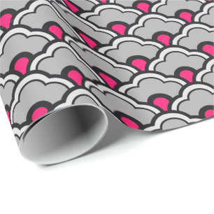 Deco Chinese Scallops, Grey / Grey, Black and Pink Wrapping Paper