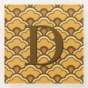 Deco Chinese Scallops, Mustard Gold and Brown Glass Coaster