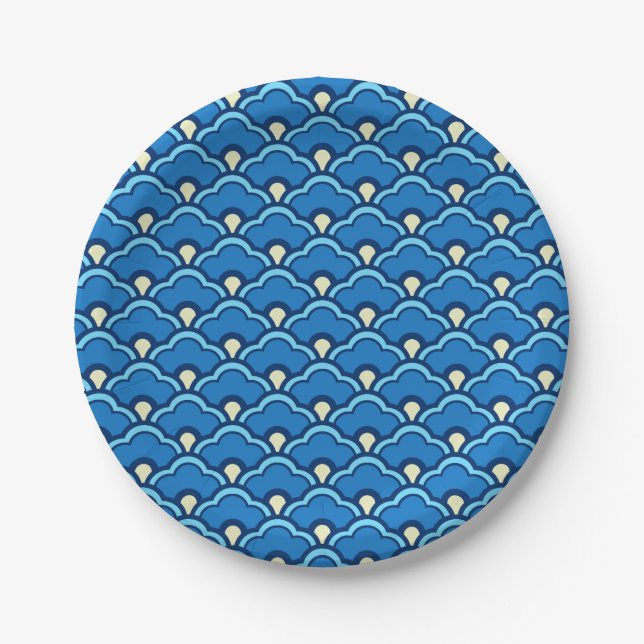 Deco Chinese Scallops, Ocean Blue and Indigo Paper Plate (Front)