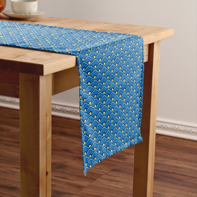 Deco Chinese Scallops, Ocean Blue and Indigo Short Table Runner (In Situ)