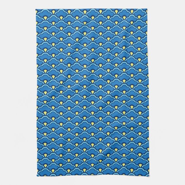Deco Chinese Scallops, Ocean Blue and Indigo Tea Towel (Vertical)