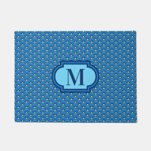Deco Chinese Scallops, Ocean Blue with Monogram Doormat