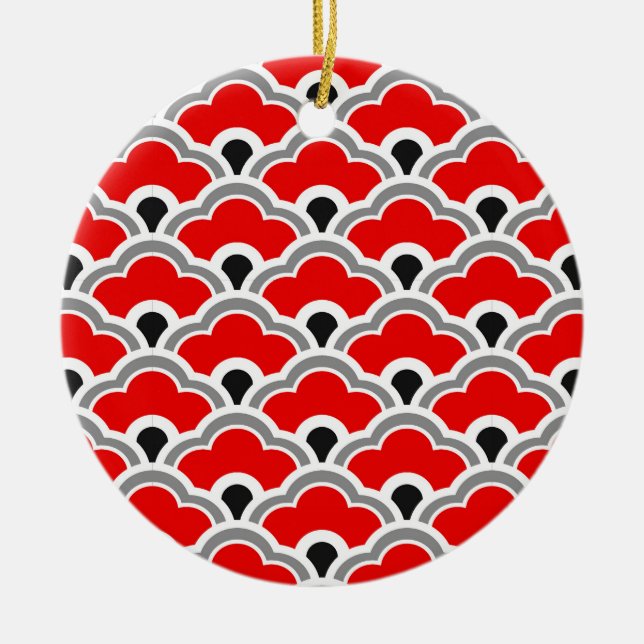 Deco Chinese Scallops, Red, Grey, Black and White Ceramic Tree Decoration (Front)