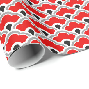 Deco Chinese Scallops, Red, Grey, Black and White Wrapping Paper