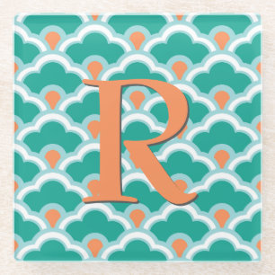 Deco Chinese Scallops, Teal, Aqua and Coral Glass Coaster