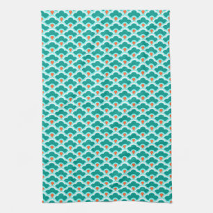 Deco Chinese Scallops, Teal, Aqua and Coral Tea Towel