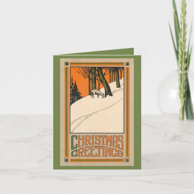 Deco Christmas card with deer, snow and trees (Front)