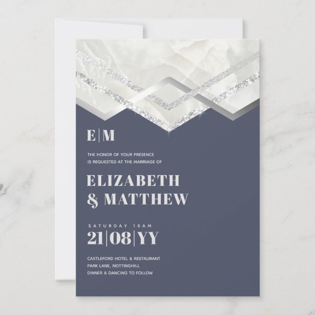 Deco Dusty Blue Silver Minimalist Wedding (Front)
