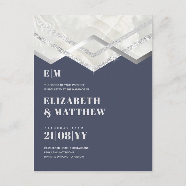 Deco Dusty Blue Silver Minimalist Wedding Postcard (Front)