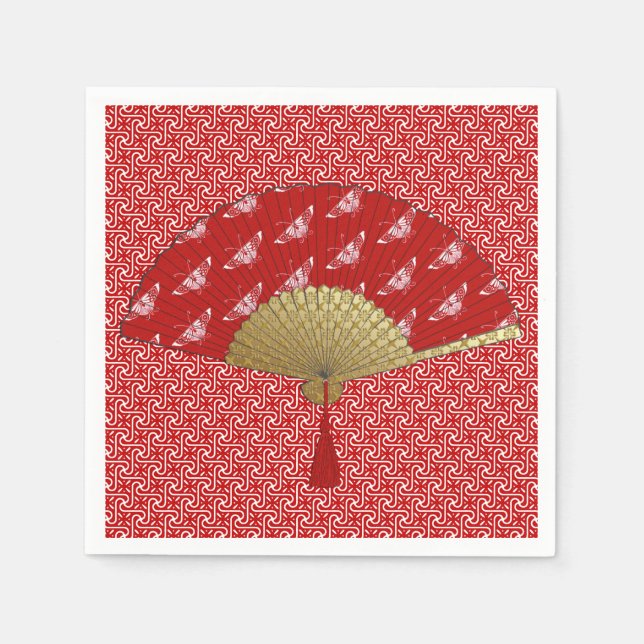 Deco Fan -  Butterflies, Dark Red and White Napkin (Front)