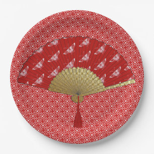 Deco Fan -  Butterflies, Dark Red and White Paper Plate