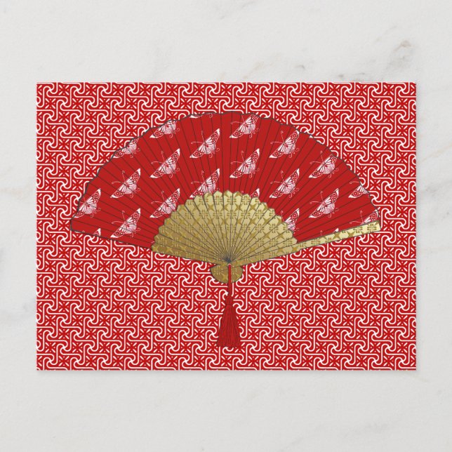 Deco Fan -  Butterflies, Dark Red and White Postcard (Front)