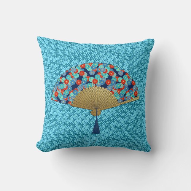 Deco Fan -  Flowers in Cobalt, Turquoise and Red Cushion (Front)