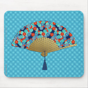 Deco Fan -  Flowers in Cobalt, Turquoise and Red Mouse Mat