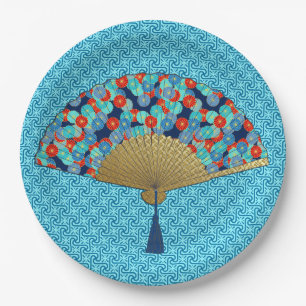 Deco Fan - Flowers in Cobalt, Turquoise and Red Paper Plate