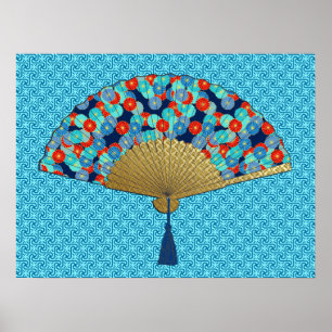 Deco Fan -  Flowers in Cobalt, Turquoise and Red Poster