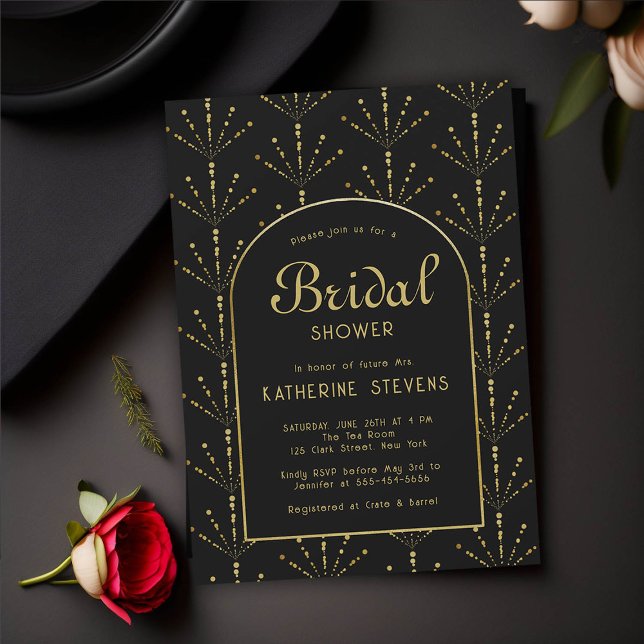 Deco Fans Fireworks Gold Boho Frame Bridal Shower Invitation (deco bridal shower invitation black gold fan flowers fireworks roaring 20s gatsby boho arch elegant )