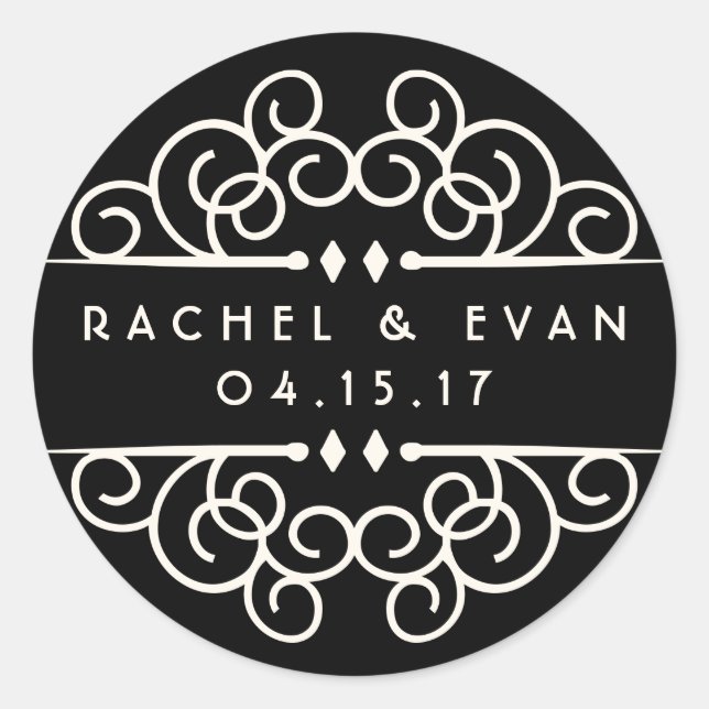 Deco Flourish Personalised Wedding Classic Round Sticker (Front)