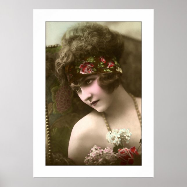 deco girl, beads, flowers seated in chair poster (Front)