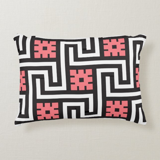 Deco Greek Key, Black, White and Coral Pink Decorative Cushion (Front)