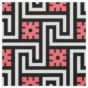 Deco Greek Key, Black, White and Coral Pink Fabric