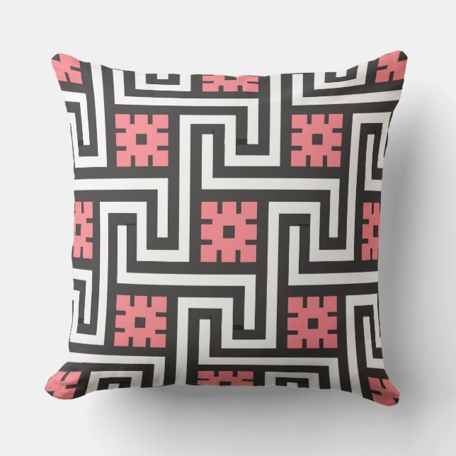 Deco Greek Key, Black, White and Coral Pink Outdoor Cushion (Front)