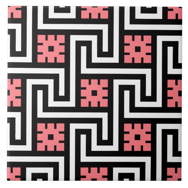 Deco Greek Key, Black, White and Coral Pink Tile (Front)