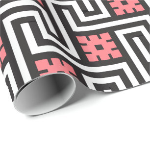Deco Greek Key, Black, White and Coral Pink Wrapping Paper