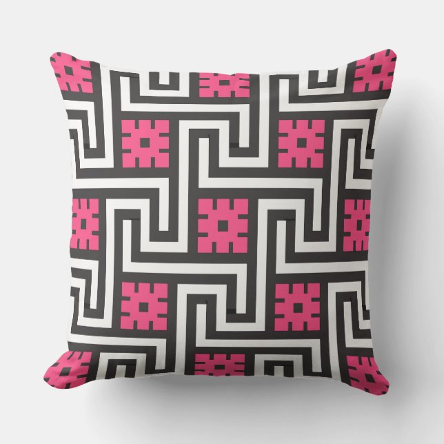 Deco Greek Key, Black, White and Fuchsia Pink Outdoor Cushion (Front)