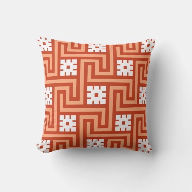 Deco Greek Key, Coral Orange and White Outdoor Cushion (Front)