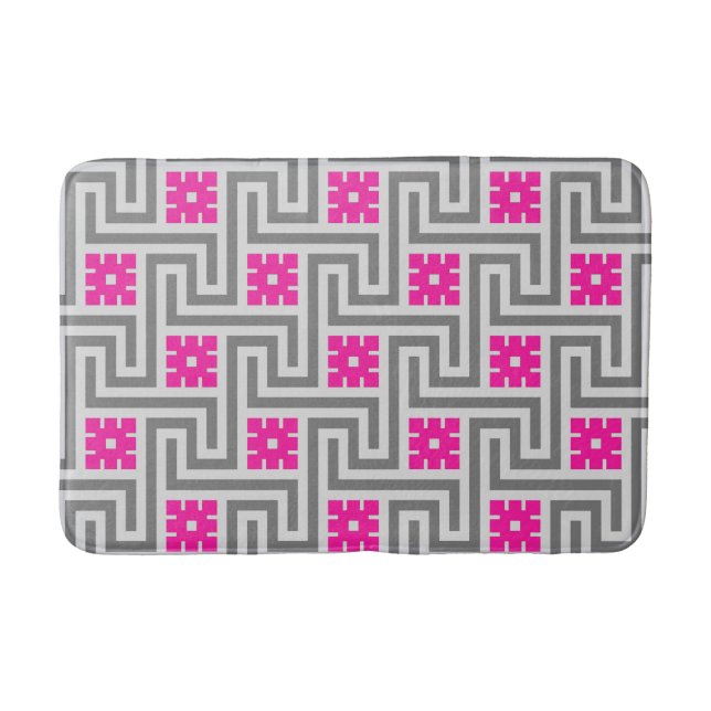 Deco Greek Key, Grey / Grey and Fuchsia Pink Bath Mat (Front)