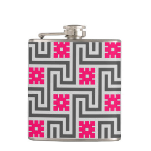 Deco Greek Key, Grey / Grey and Fuchsia Pink Hip Flask