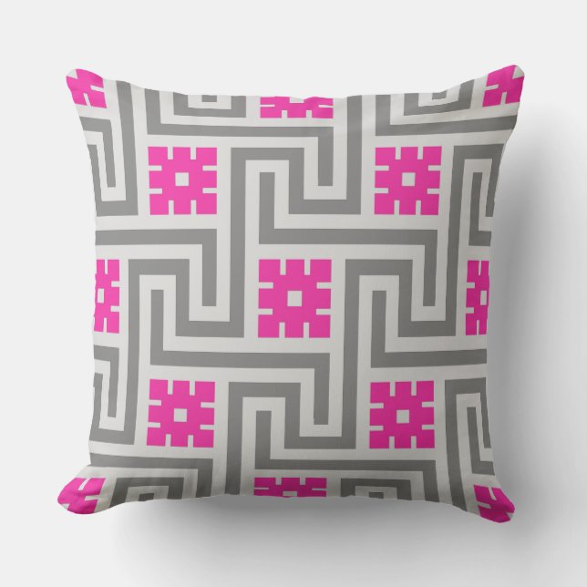 Deco Greek Key, Grey / Grey and Fuchsia Pink Outdoor Cushion (Front)