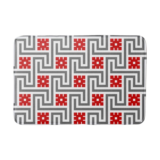 Deco Greek Key, Red, White and Grey / Grey Bath Mat (Front)