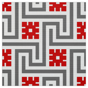 Deco Greek Key, Red, White and Grey / Grey Fabric