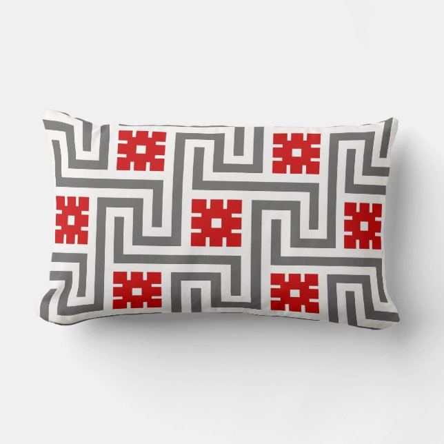 Deco Greek Key, Red, White and Grey / Grey Lumbar Cushion (Front)