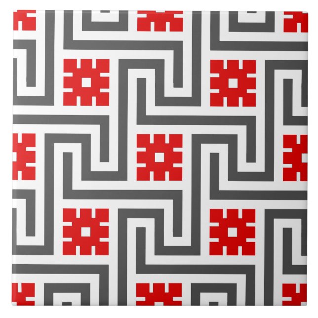 Deco Greek Key, Red, White and Grey / Grey Tile (Front)