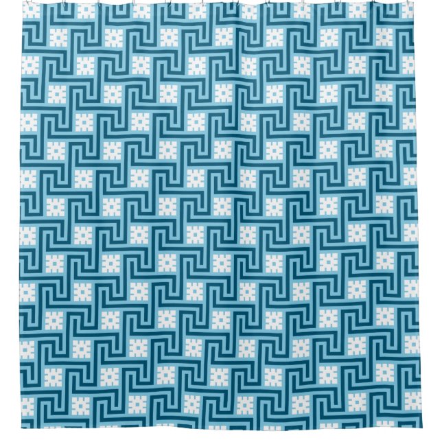 Deco Greek Key, Sky Blue and Navy Shower Curtain (Front)