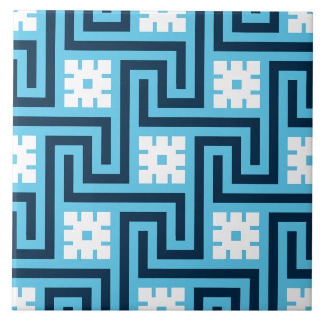 Deco Greek Key, Sky Blue and Navy Tile (Front)
