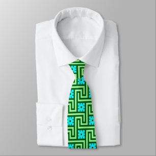 Deco Greek Key, Turquoise and Jade Green Tie
