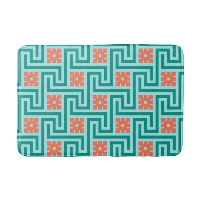 Deco Greek Key, Turquoise, Aqua and Coral Bath Mat (Front)