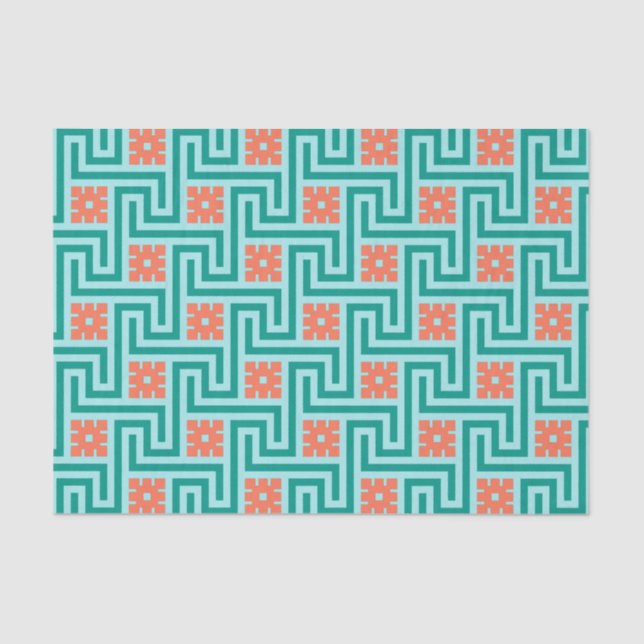 Deco Greek Key, Turquoise, Aqua and Coral Tissue Paper (Front)