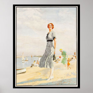 Deco lady, beach, sailboat poster