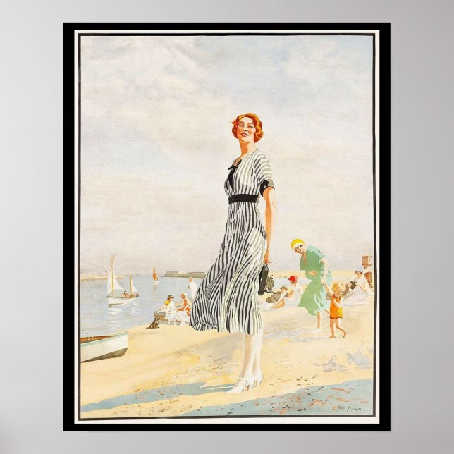 Deco lady, beach, sailboat poster (Front)
