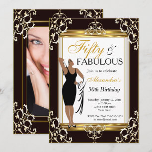 Deco Lady Gold Black 50th Fabulous Birthday photo Invitation